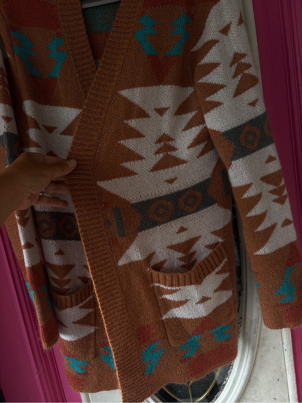 Cozy Southwestern Aztec Knit Cardigan in Rust & Cream - Picture 5 of 11